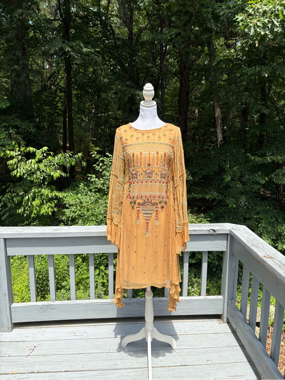 Embroidered Mustard Yellow Shift Dress 2 piece (dress and trousers)